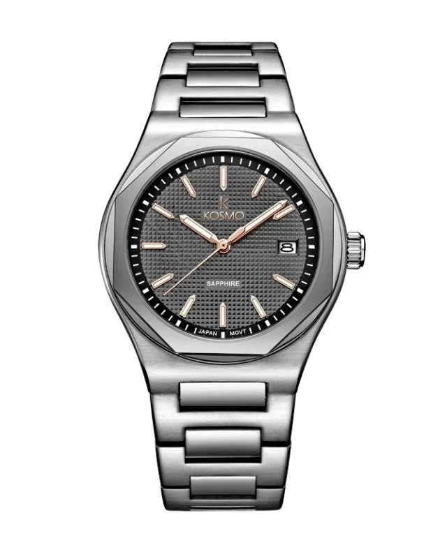 Reloj Kosmo 609-7 – Acero 316L Plateado, Esfera Gris con Detalles Rose Gold, Cristal Zafiro