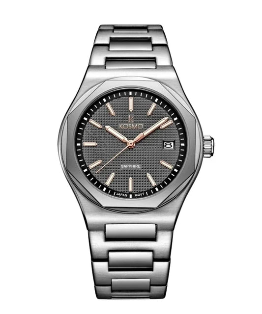 Reloj Kosmo 609-7 – Acero 316L Plateado, Esfera Gris con Detalles Rose Gold, Cristal Zafiro