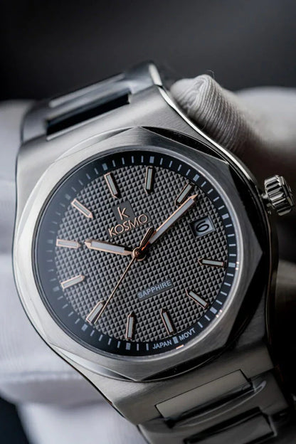 Reloj Kosmo 609-7 – Acero 316L Plateado, Esfera Gris con Detalles Rose Gold, Cristal Zafiro
